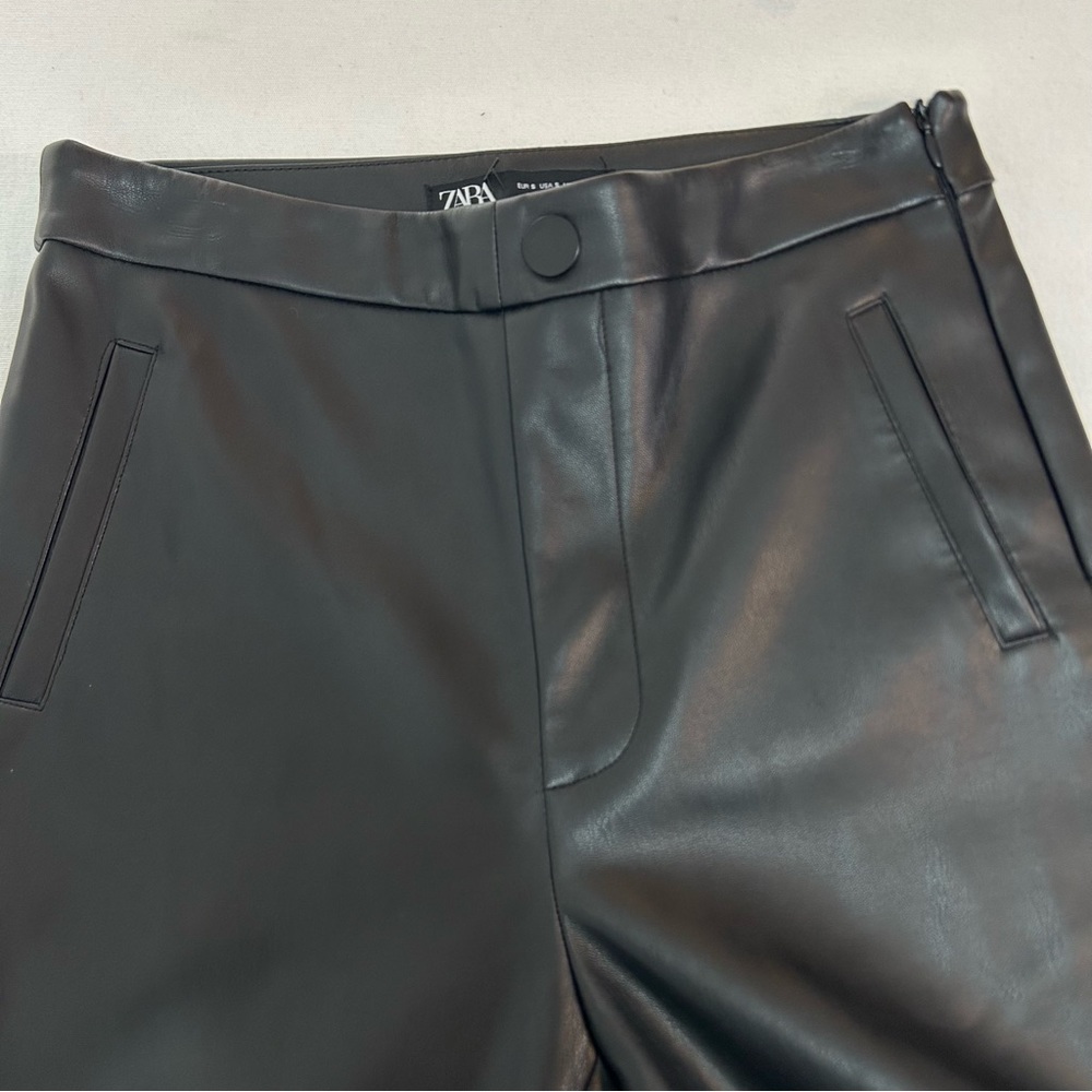 Zara Women’s‎ Black Faux Leather High Waist  Raw Hem Pants Size Small EUC - Picture 8 of 9